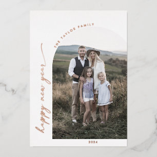 Modern Arch Foil New Year Photo Year in Review F Holiday Card