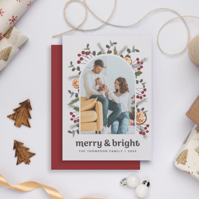 Modern Arch Frame Family Photo Christmas Botanical Holiday Card (Merry and Bright holiday arch foliage family photo christmas card)