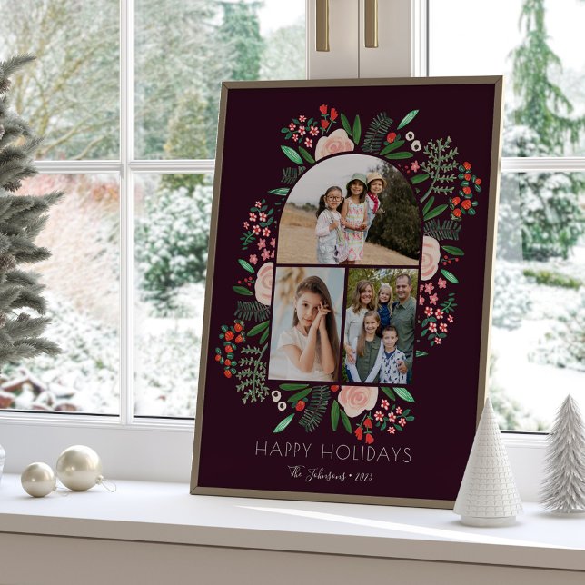 Modern Arch Frame Floral Family Christmas 3 Photo  Poster (Modern Arch Frame Floral Family Christmas 3 Photo Poster)