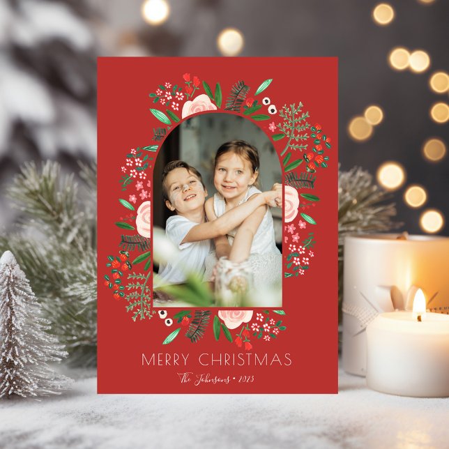 Modern Arch Frame Floral Family Christmas Photo Holiday Card (Modern Arch Frame Floral Family Christmas Photo Holiday Card)