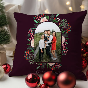 Modern Arch Frame Floral Merry Christmas Photo Cushion
