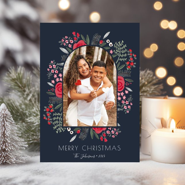 Modern Arch Frame Floral Merry Christmas Photo Holiday Card (Modern Arch Frame Floral Family Christmas Photo Holiday Card)