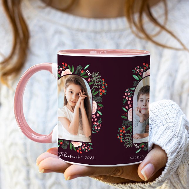 Modern Arch Frame Floral Merry Christmas Photo Mug (Modern Arch Frame Floral Merry Christmas Photo Mug)