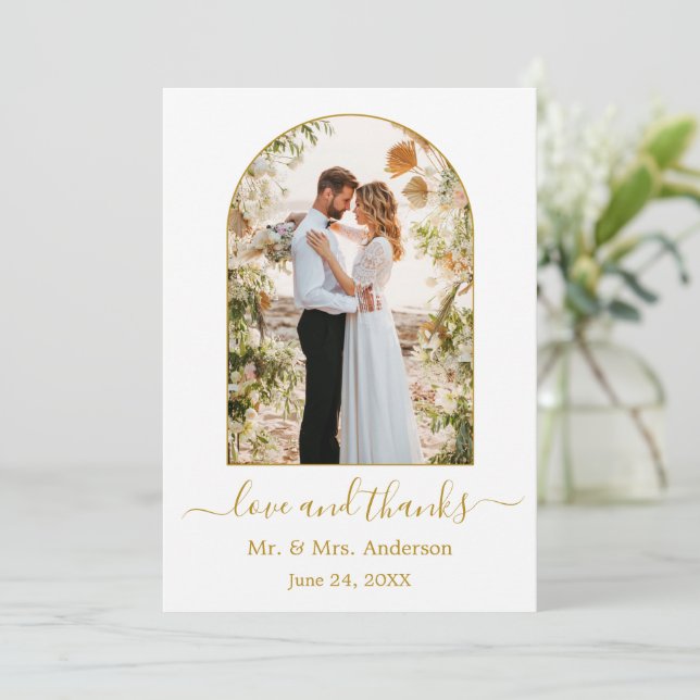 Modern Arch Frame Love and Thanks Gold Wedding Thank You Card (Standing Front)