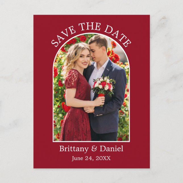 Modern Arch Frame Photo Red Save The Date Postcard (Front)