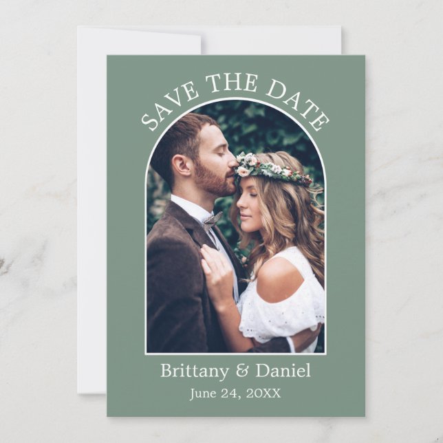 Modern Arch Frame Photo Sage Green Save The Date (Front)