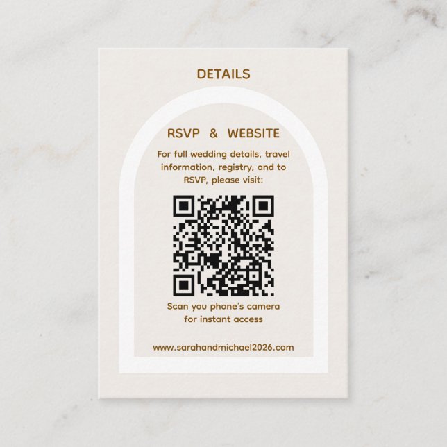 Modern Arch & Gold Glitter QR Code RSVP Details Enclosure Card (Front)