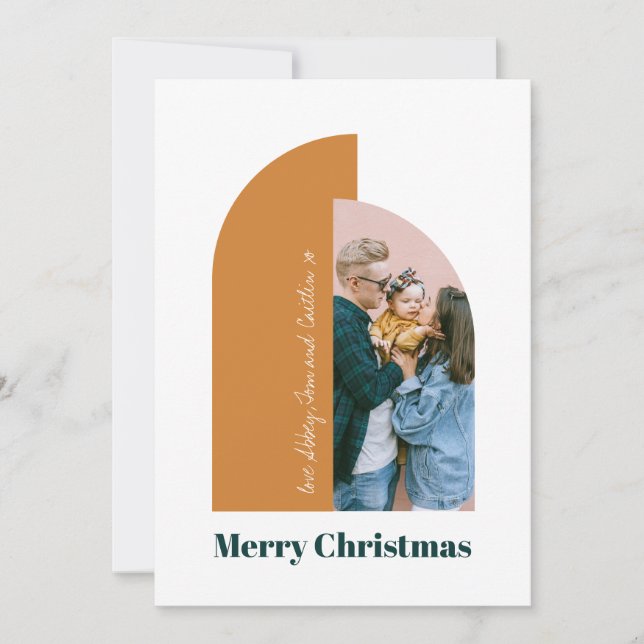 Modern Arch Gold Merry Christmas Family Photo Holiday Card (Front)