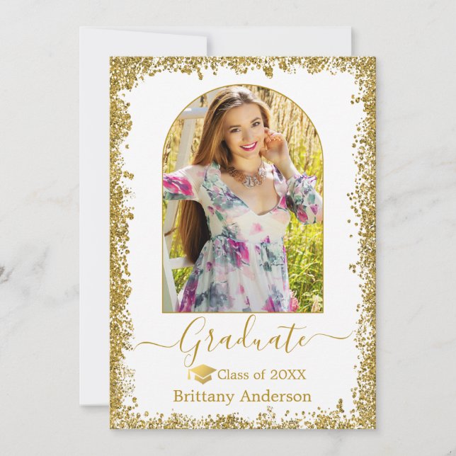 Modern Arch Grad Cap Gold Glitter Graduation Announcement (Front)