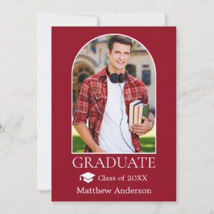 Modern Arch Grad Cap Photo Red Graduation Announcement