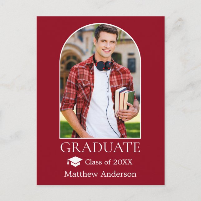 Modern Arch Grad Cap Photo Red Graduation Postcard (Front)
