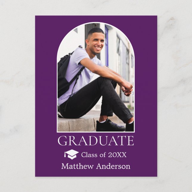 Modern Arch Grad Cap Purple Graduation Postcard (Front)