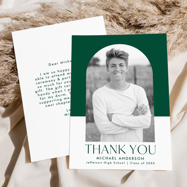 Modern Arch Green Color Block Photo Graduation Thank You Card | Zazzle