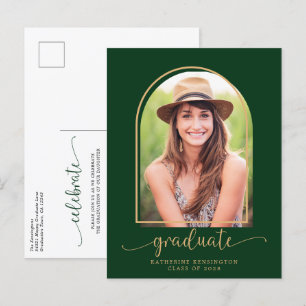 Modern Arch Green Gold Photo Graduation Party Announcement Postcard