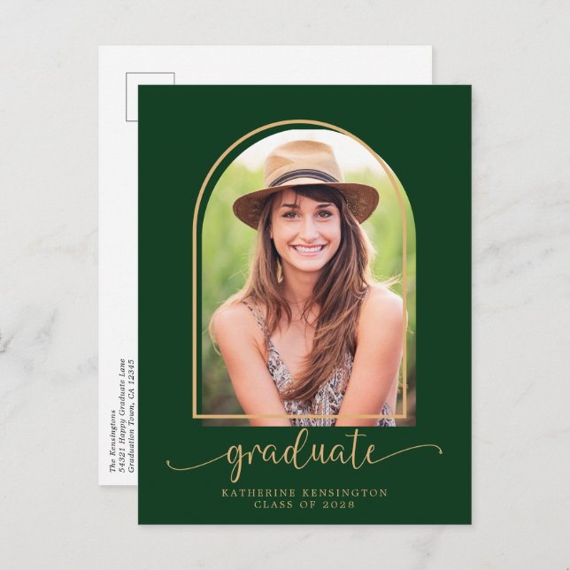 Modern Arch Green Gold Photo Graduation Party  Announcement Postcard (Front/Back)