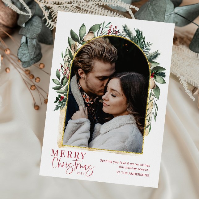 Modern Arch Greenery Gold Merry Christmas 1 Photo Holiday Card (Creator Uploaded)