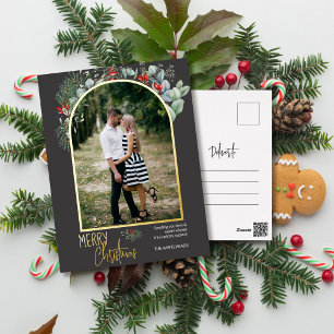 Modern Arch Greenery Grey Foil Christmas Photo Holiday Postcard
