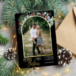 Modern Arch Greenery Merry Christmas Photo Foil Holiday Card<br><div class="desc">This design features watercolor holly and eucalyptus around an arched picture with a gold foil frame.</div>