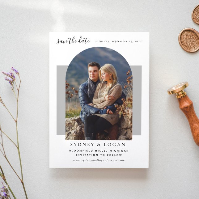 Modern Arch Grey Wedding Photo Save The Date (Creator Uploaded)
