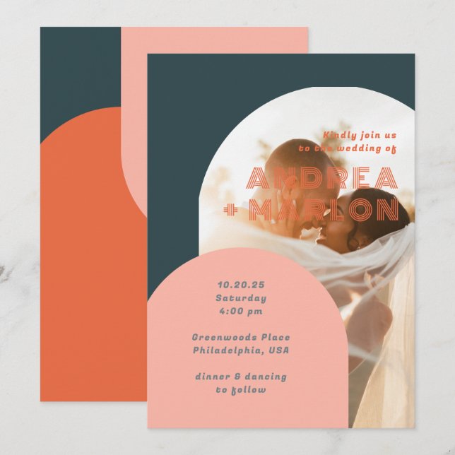 Modern Arch Groovy Retro Wedding Photo Overlay Invitation (Front/Back)