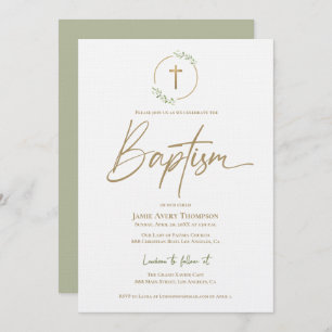 Modern Arch leaf Wreath Gilded Gold Cross Baptism Invitation
