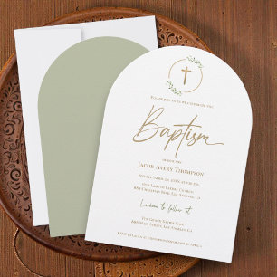 Modern Arch leaf Wreath Gilded Gold Cross Baptism Invitation