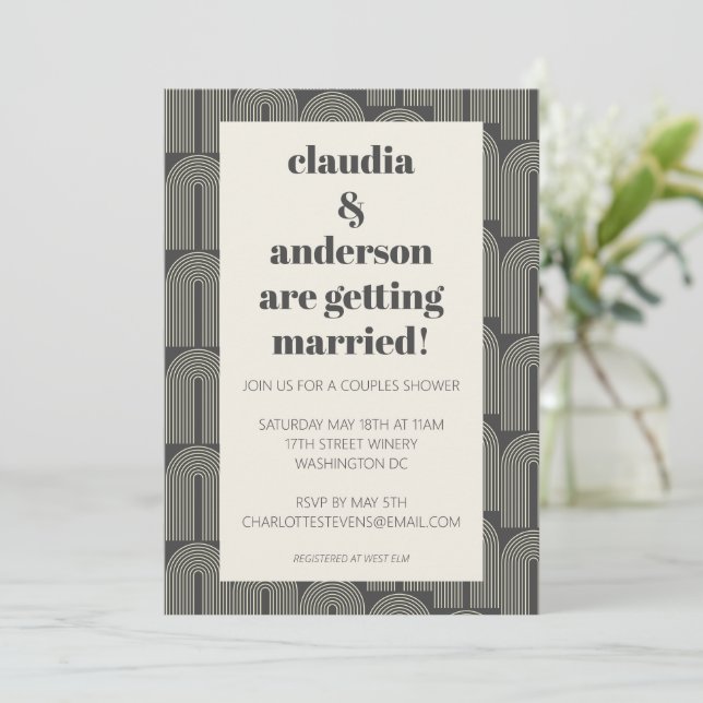 Modern Arch Line Art | Black Grey Couples Shower  Invitation (Standing Front)