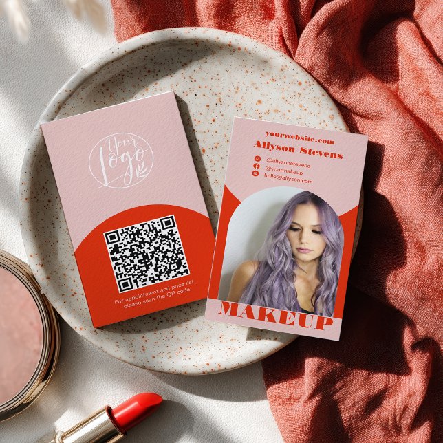 Modern arch makeup blush red photo qr code logo business card (Modern arch makeup blush red photo qr code logo business card)