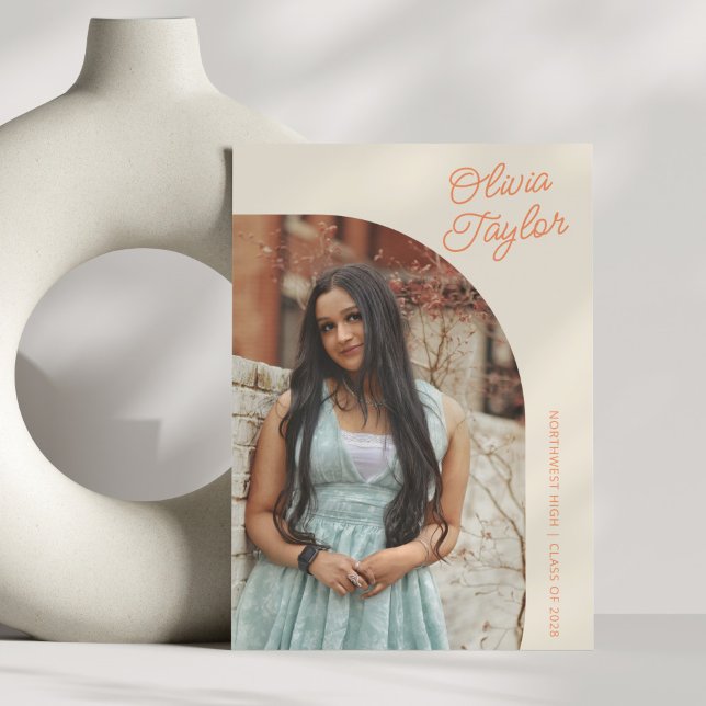 Modern Arch Minimalist Orange Photo Graduation Announcement (Creator Uploaded)
