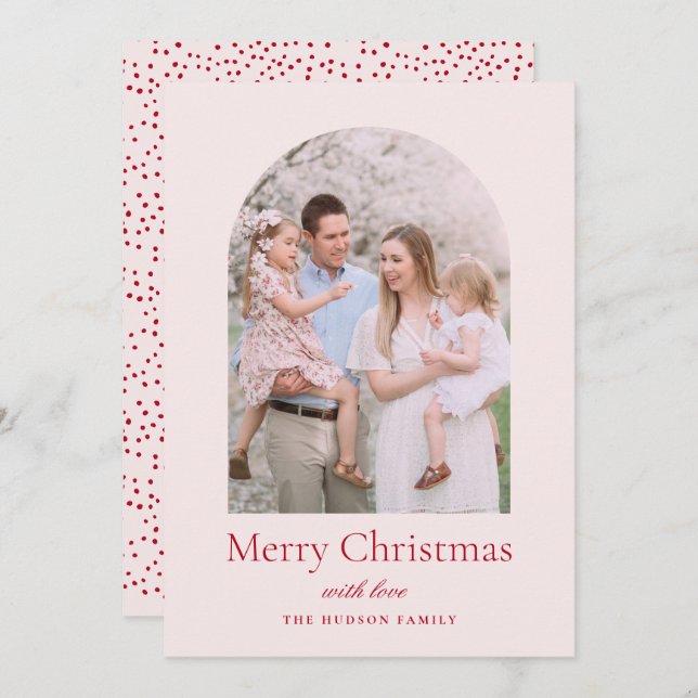 Modern Arch Minimalist Pink Red Christmas Holiday Card (Front/Back)