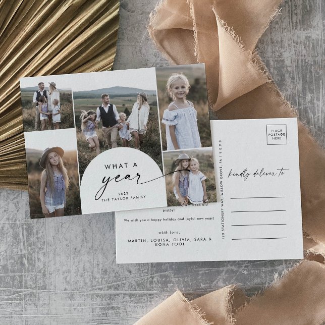Modern Arch Multi Photo Family News What A Year Holiday Postcard (Creator Uploaded)