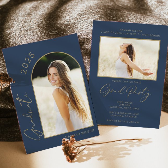 Modern Arch Navy Blue Graduation Party Invitation (Creator Uploaded)