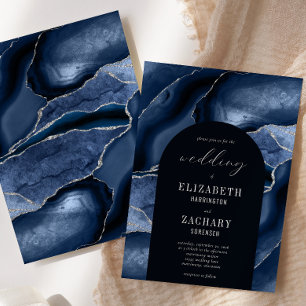 Modern Arch Navy Blue Silver Agate Wedding Invitation