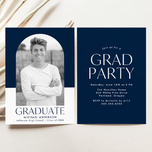 Modern Arch Navy Colour Block Graduation Party Invitation