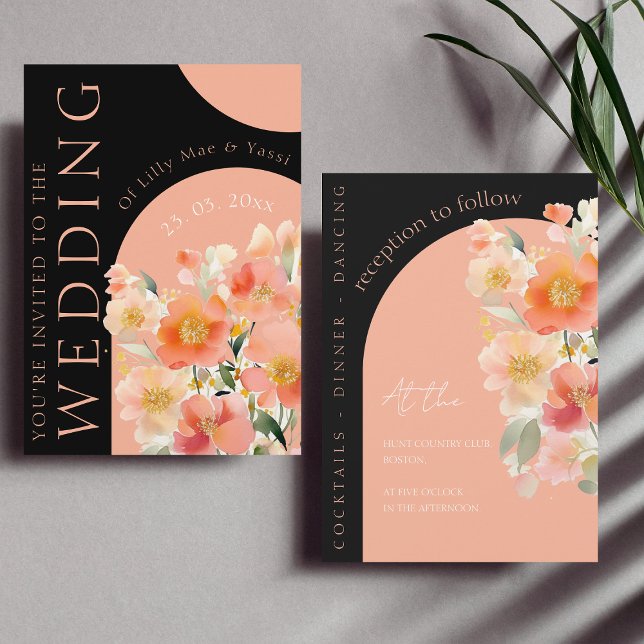  Modern Arch Orange Peach and Black Floral Wedding Invitation (Creator Uploaded)