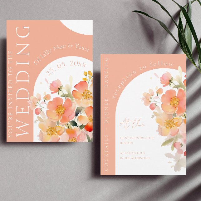 Modern Arch Orange Peach Floral Wedding Invitation (Creator Uploaded)