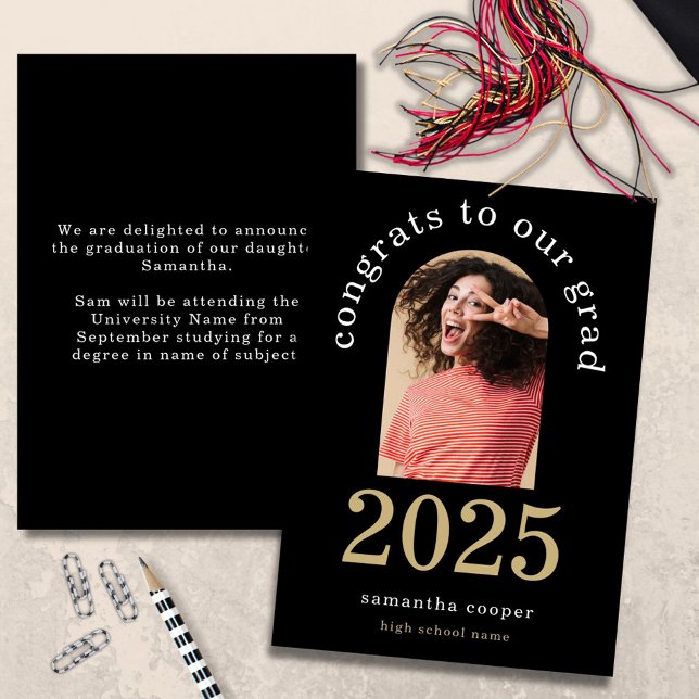 Modern Arch Photo 2025 Grad Black Announcement (front and back view)
