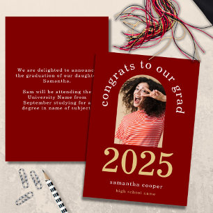 Modern Arch Photo 2025 Grad Gold Maroon Graduation Announcement