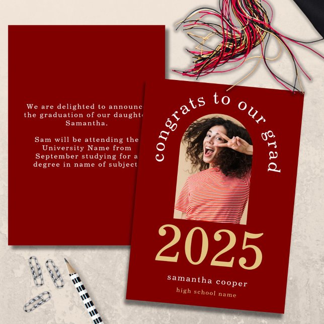 Modern Arch Photo 2025 Grad Gold Maroon Graduation Announcement (front and rear view)