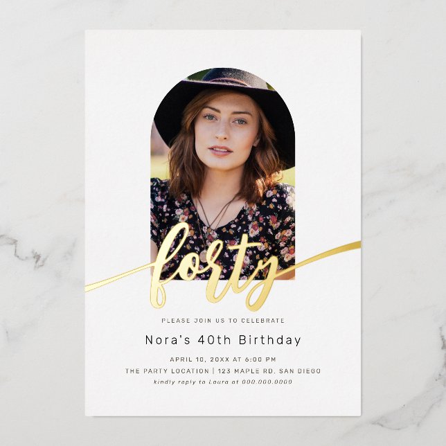 Modern Arch Photo 40th Birthday Foil Invitation (Front)