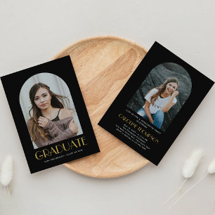 Modern Arch Photo Black & Gold Graduation Party Invitation