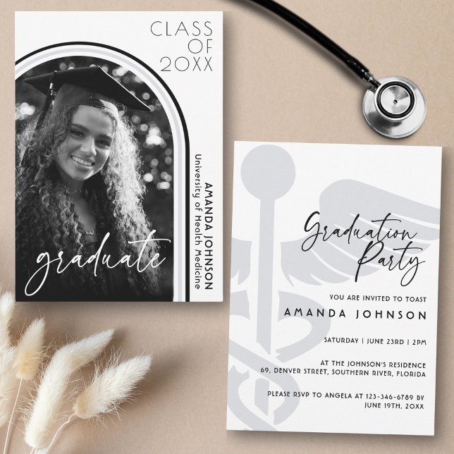 Modern Arch Photo Black White Nurses Graduation  Invitation (Creator Uploaded)
