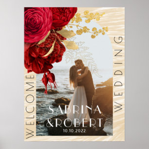 Modern Arch Photo Burgundy Floral Welcome Wedding Poster