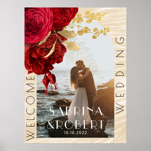Modern Arch Photo Burgundy Floral Welcome Wedding Poster (Front)