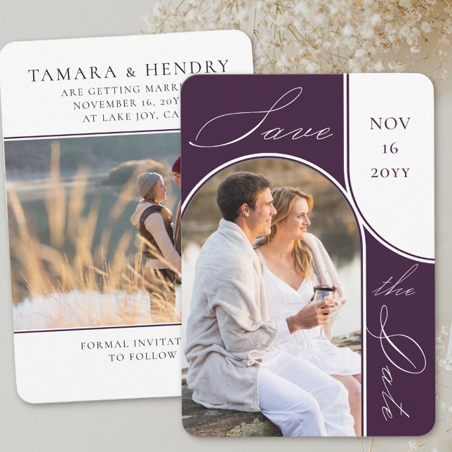 Modern Arch Photo Elegant Calligraphy Purple Save The Date (Save the Date with modern arch photo and a second picture on the back. 
)