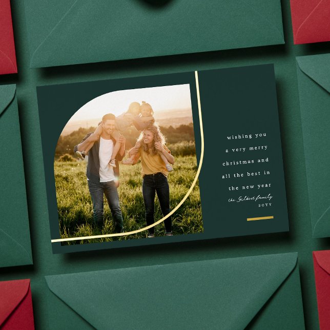 Modern arch photo elegant dark green Christmas Foil Holiday Card (Creator Uploaded)