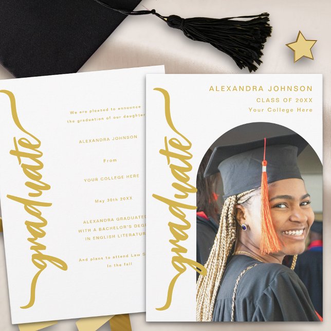 Modern Arch Photo Elegant Graduation Announcement (Modern trendy arch photo graduation announcement card stylish black & gold script minimalist design)