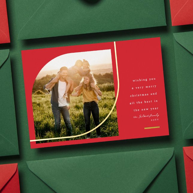 Modern arch photo elegant red Christmas Foil Holiday Card (Creator Uploaded)