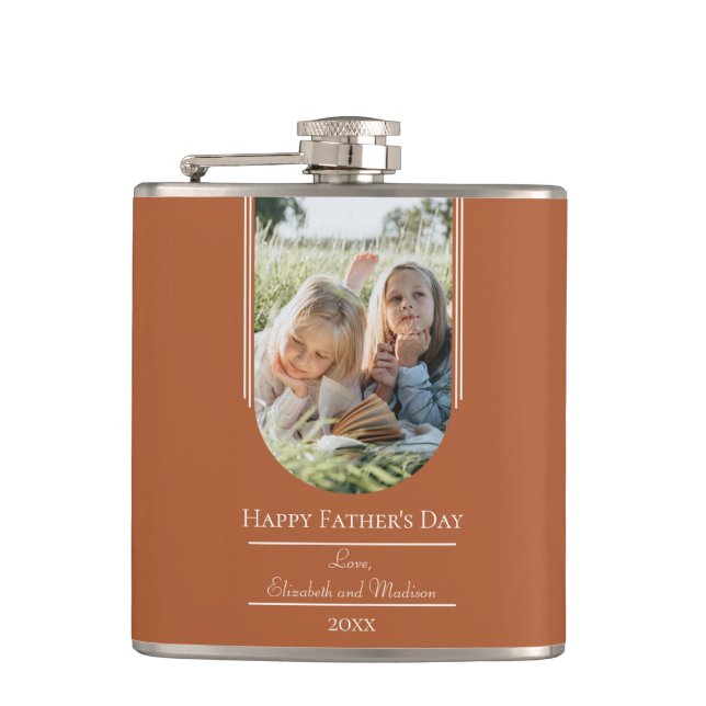 Modern Arch Photo Father's Day | Burnt Orange Hip Flask (Front)