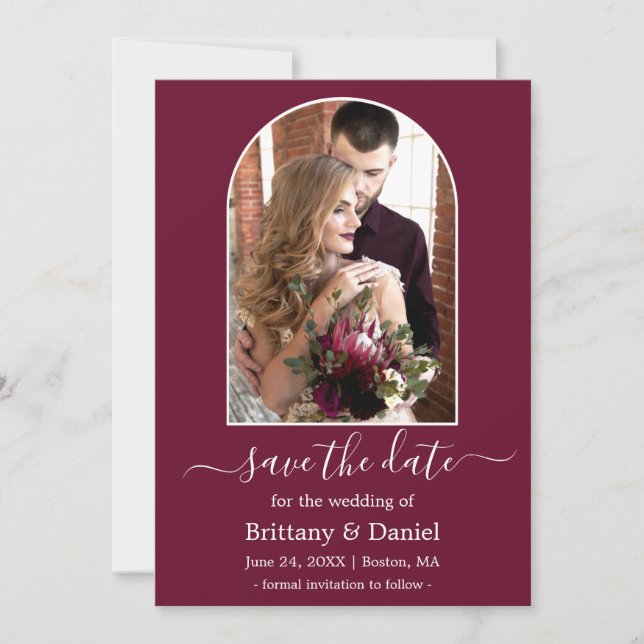 Modern Arch Photo Frame Burgundy Save The Date (Front)